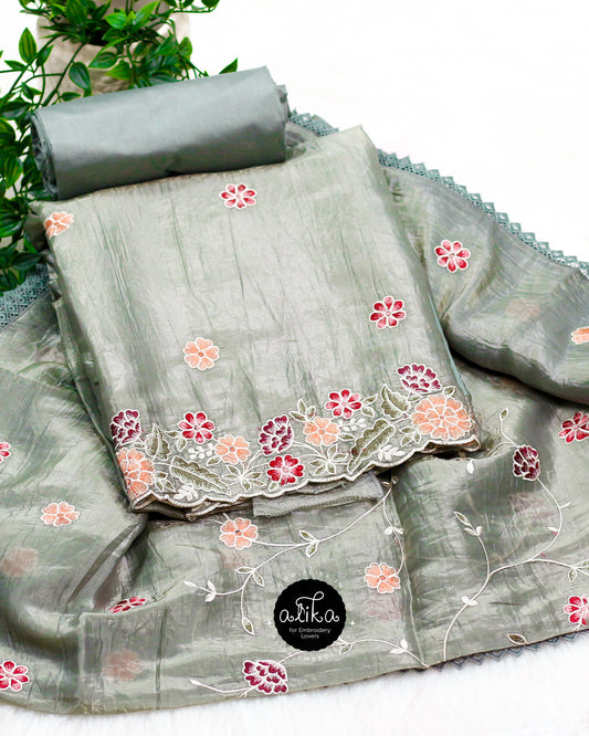 Gray shaided Tissue Silk Salwar Set with Intricate Machine Embroidery