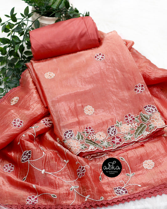 Peach Tissue Silk Salwar Set with Intricate Machine Embroidery