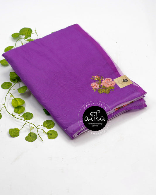 Violet & Lite Lavender Double-Shaded Silky Kota Saree with Cross Stitch – Elegant & Artistic