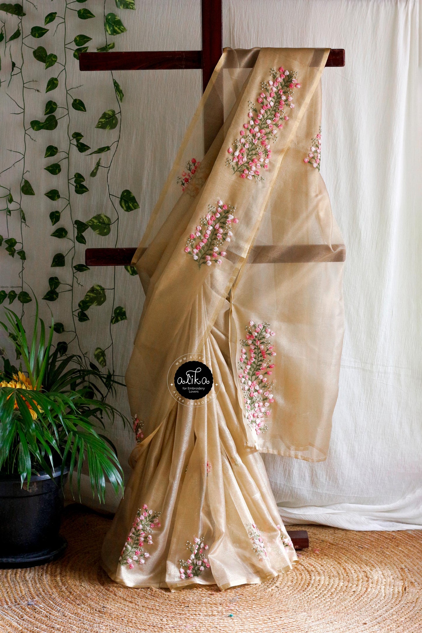 Exquisite Golden Tissue Saree with Intricate Bullion and Bead Work