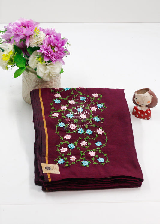 Vibrant Vine Red Chanderi Saree with Multicolored Ribbon Work