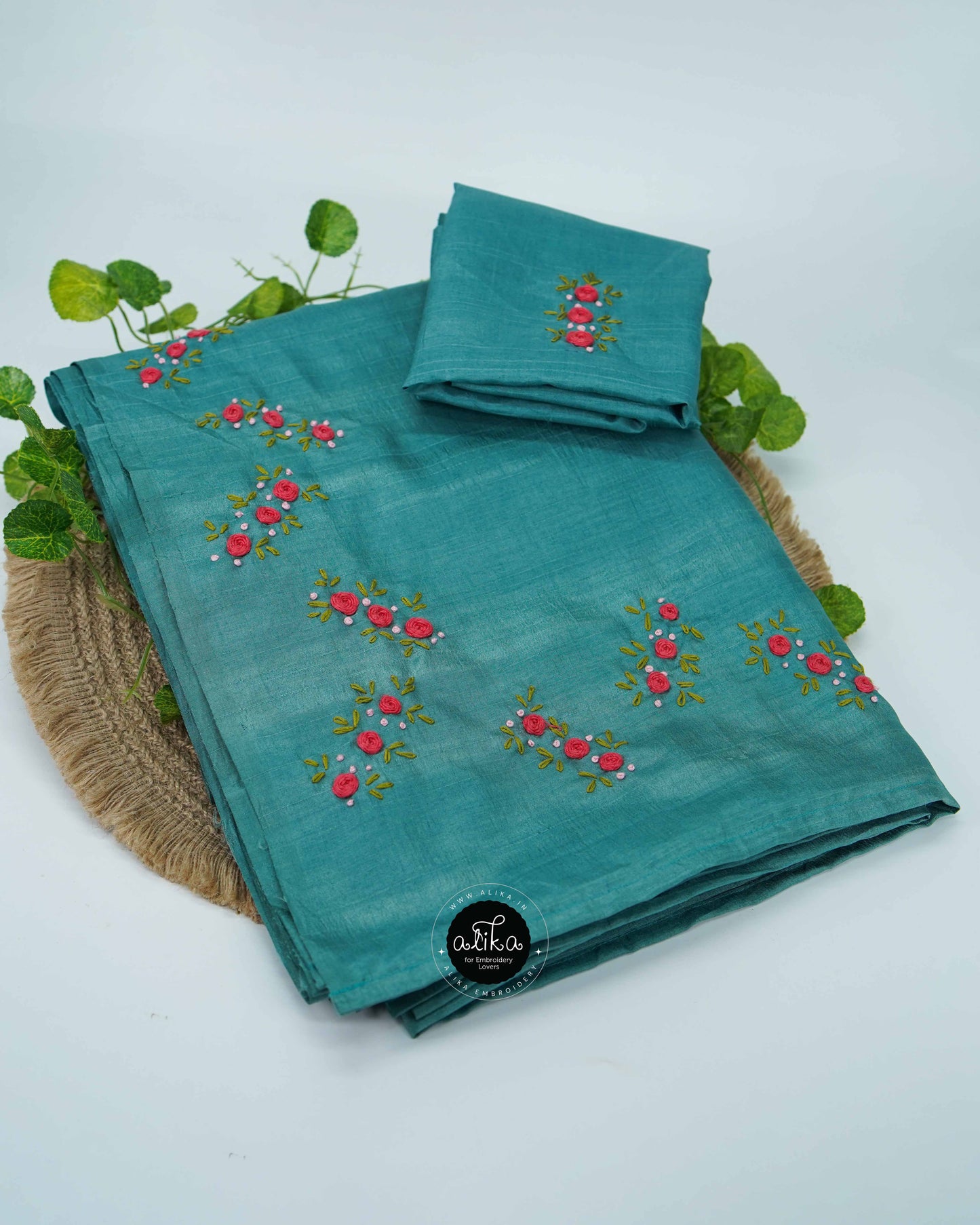 Sea Green Semi Silk Saree with Floral Hand Embroidery Work – Elegant & Timeless by Alika Fashion Store