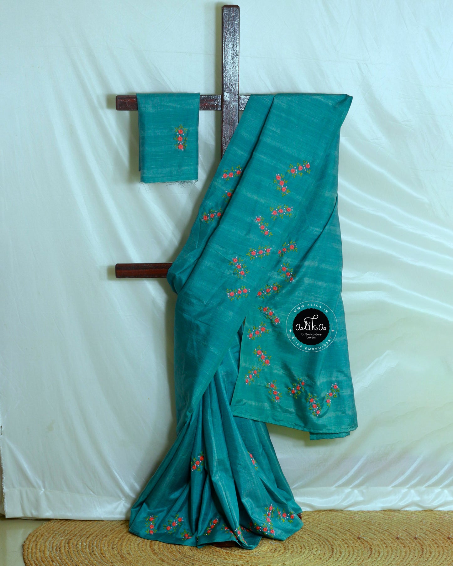 Sea Green Semi Silk Saree with Floral Hand Embroidery Work – Elegant & Timeless by Alika Fashion Store