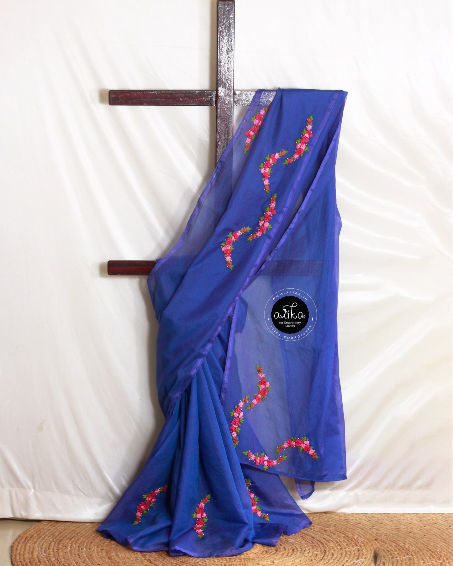 Royal Blue Checked Silky Kota Saree with Hand Embroidery – Elegant & Timeless by Alika Fashion Store