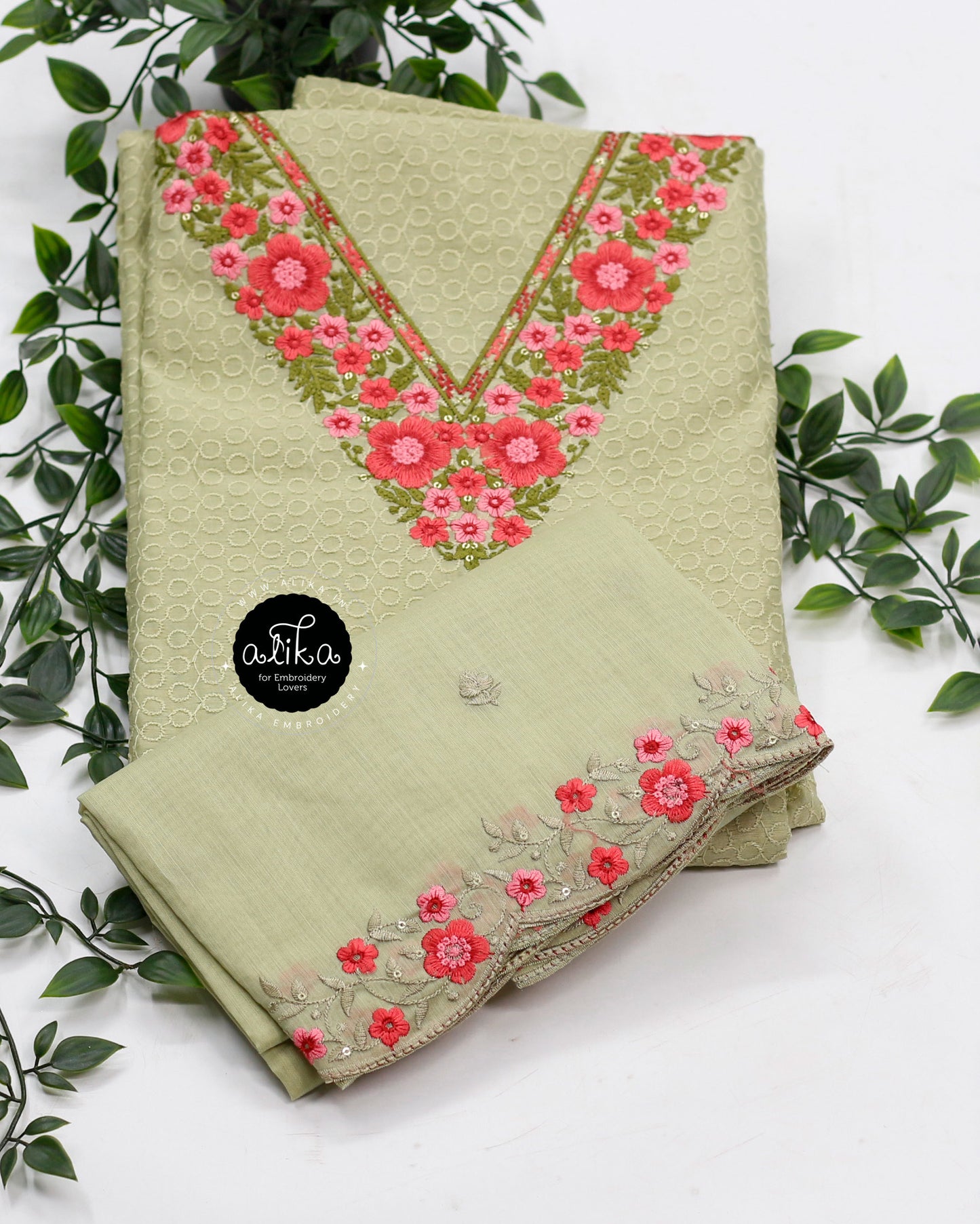 Fresh Celery Ice Salwar Set with Intricate Machine Embroidery