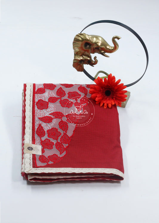 Crimson Charm: Red Checked Kota Saree with Delicate Net Embroidery