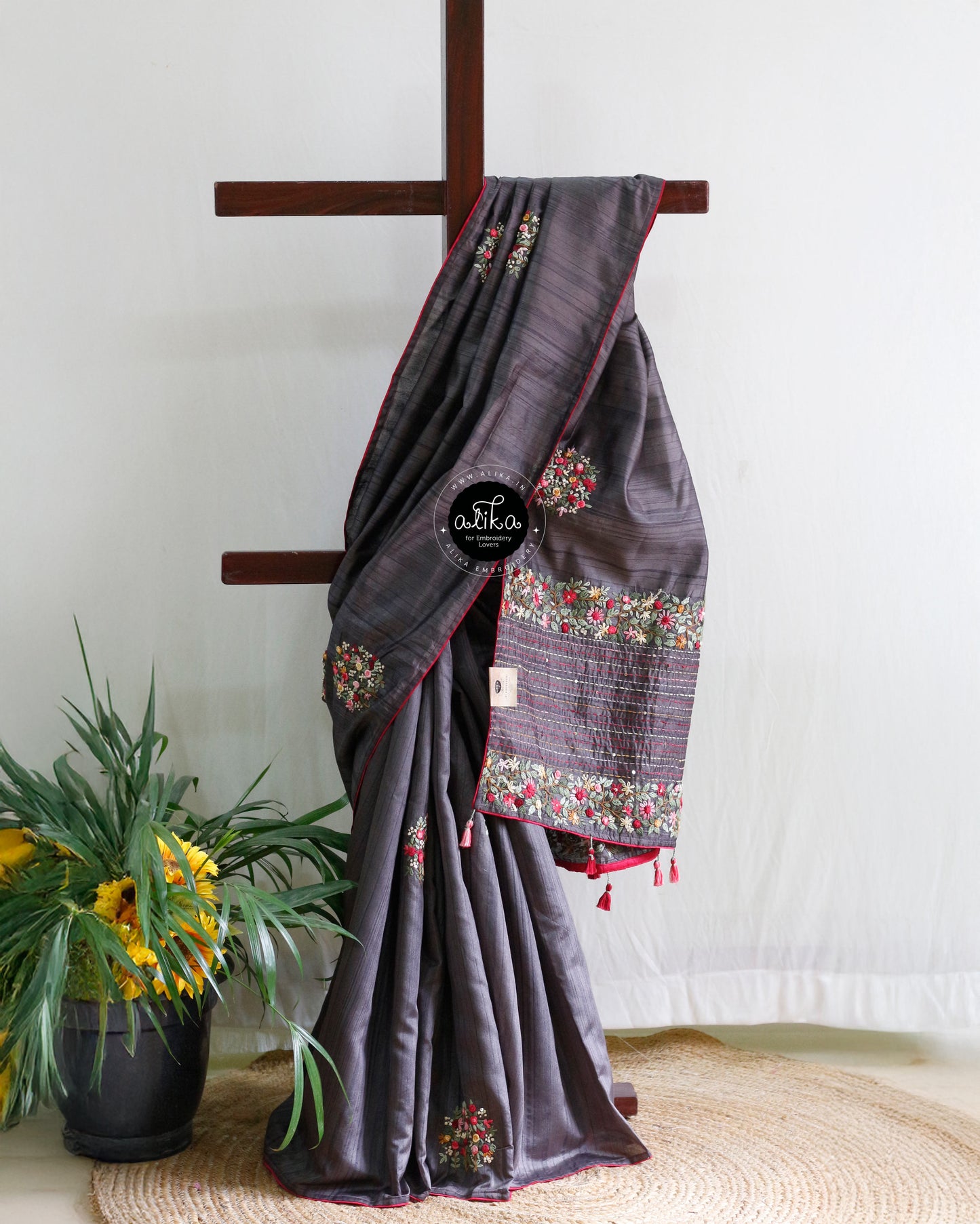 Sophisticated Charcoal Grey Semi Silk Saree with Exquisite Floral Hand Embroidery