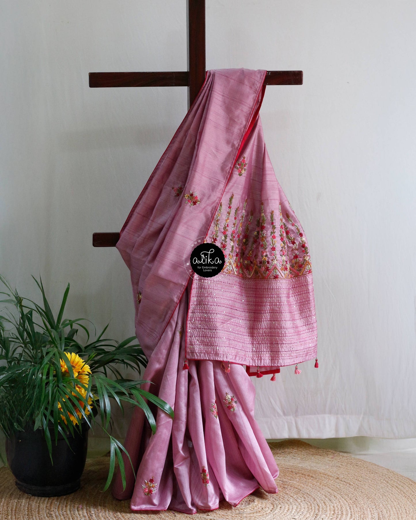 Elegant Light Mauve Semi Silk Saree with Exquisite Floral Hand Embroidery