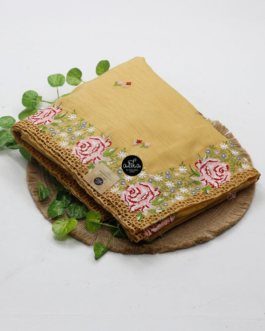 Mustard Yellow Tissue Silk Saree with Elegant Cutwork and Cross Stitch Embroidery