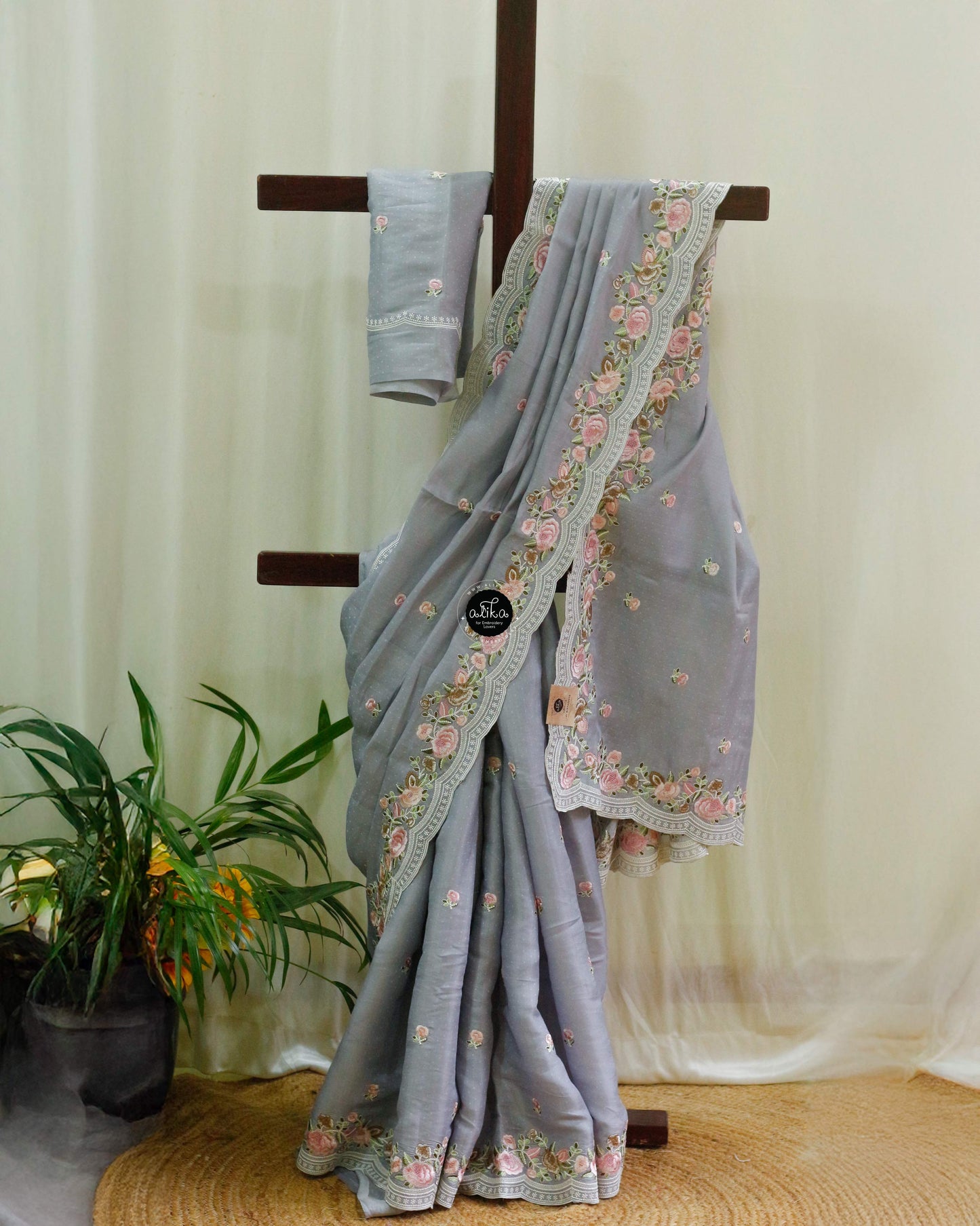 Mountain Mist Gray Saree with Floral Machine Embroidery – Elegant Traditional Wear by Alika Fashion Store