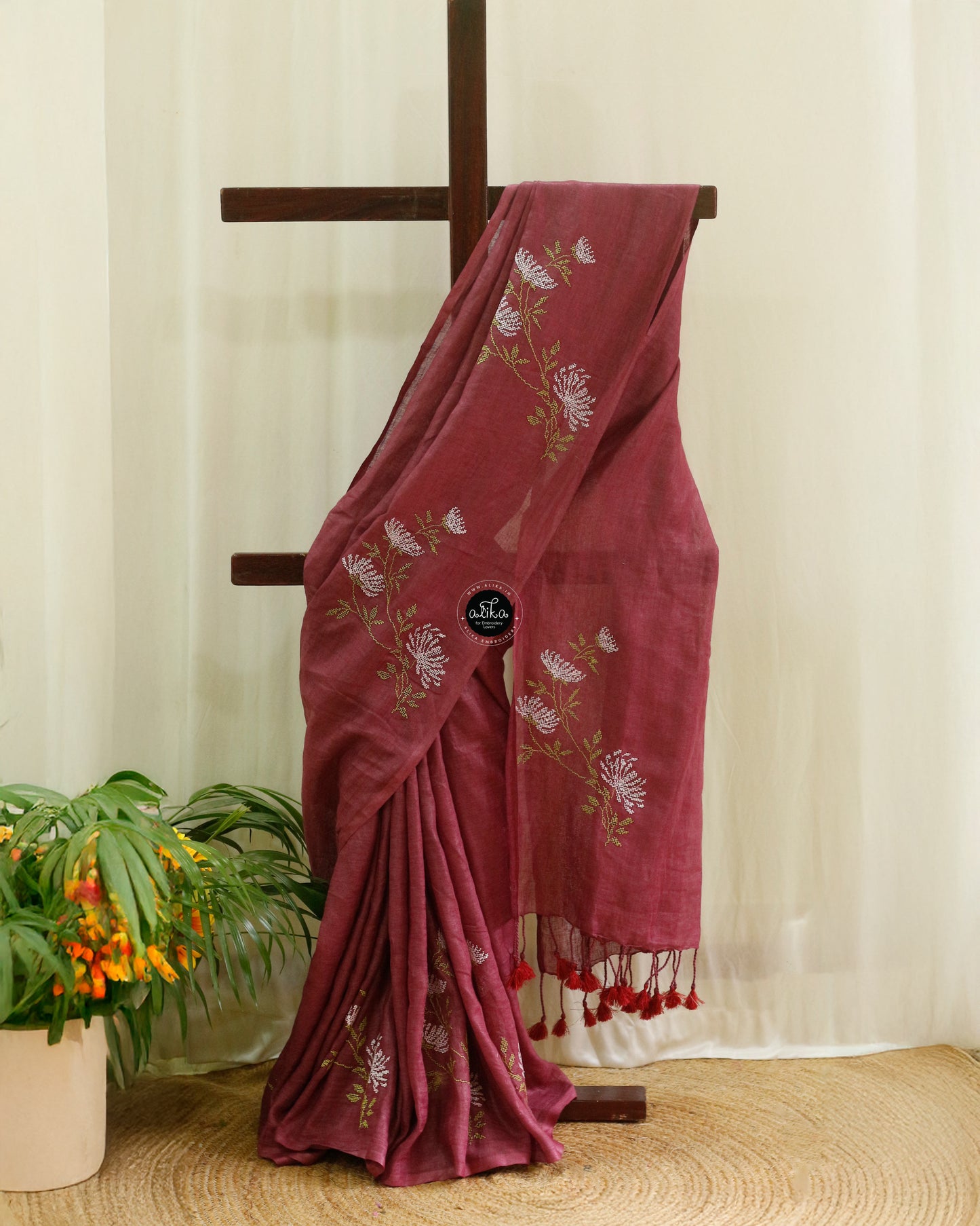 Wine Purple Linen Saree with Cross Stitch Embroidery