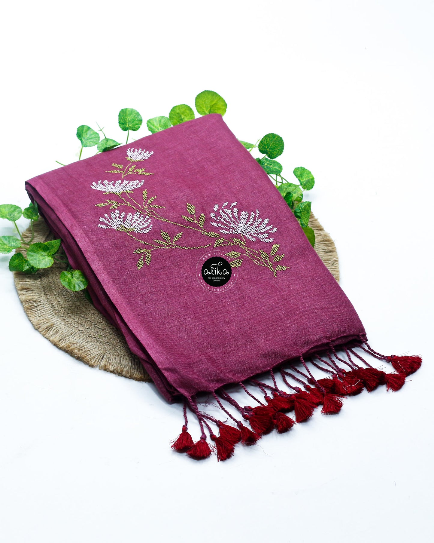 Warm Purple Linen Saree with Cross-Stitch Embroidery