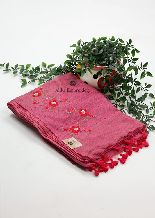 "Elegant Pink Semi Silk Saree with Red Machine Work"