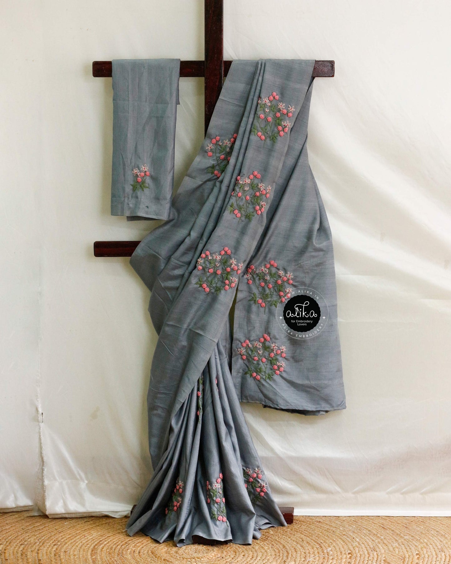 Ash Color Semi-Silk Saree with Elegant Bullion Embroidery – Alika Fashion Store