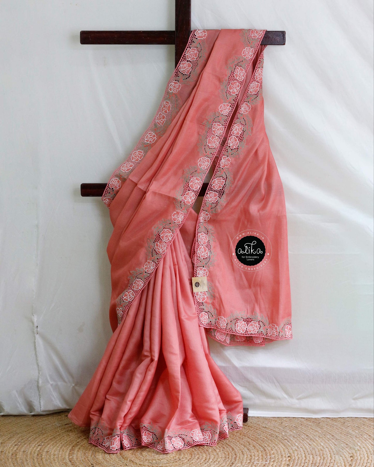 Peach Semi-Silk Saree with Full Border Cut Work – Alika Fashion Store