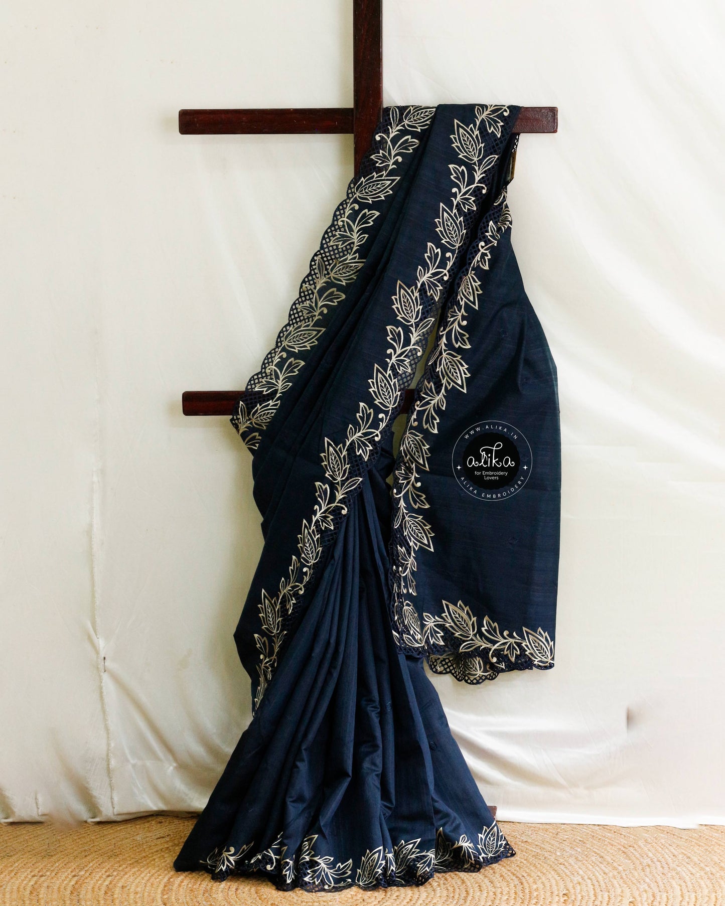 Navy Blue Semi Silk Saree with Full Border Cut Work – Timeless Elegance & Traditional Craft by Alika Fashion Store