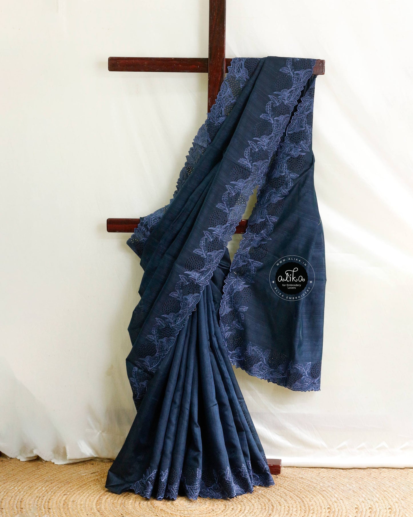 Navy Blue Semi Silk Saree with Self Shade Floral Work & Full Border Cut Work – Elegant Traditional Wear by Alika Fashion Store