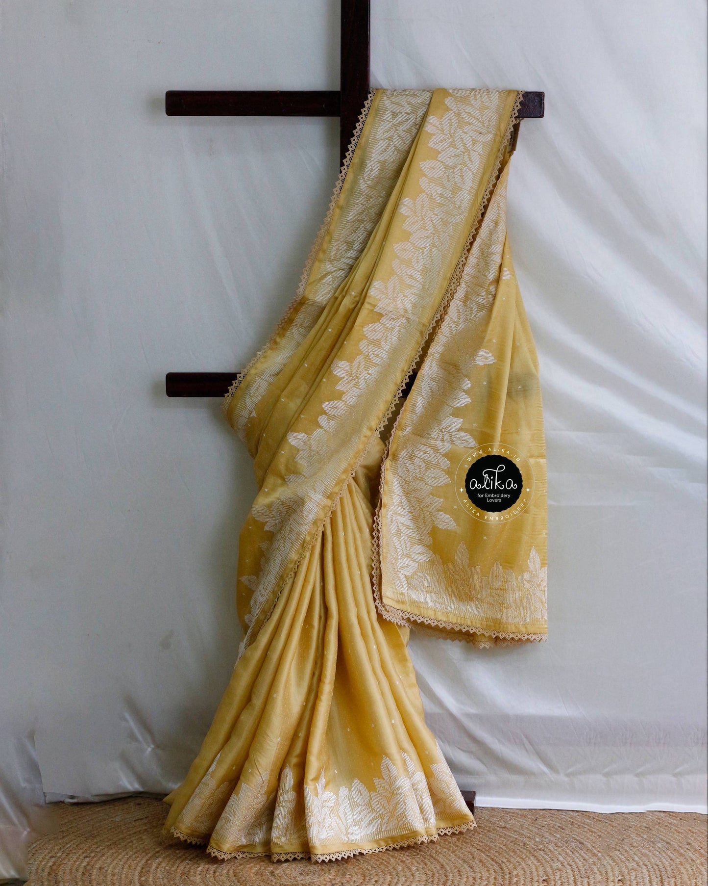 Light Golden Yellow Semi-Silk Saree with Off-White Thread Work – Alika Fashion Store