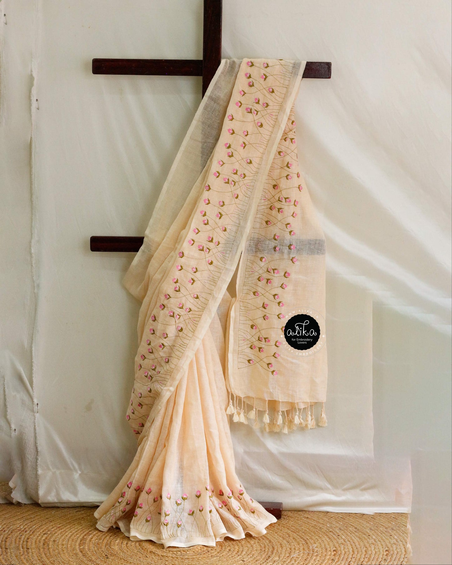 Champagne Beige Linen Saree with Floral Machine Embroidery – Alika Fashion Store