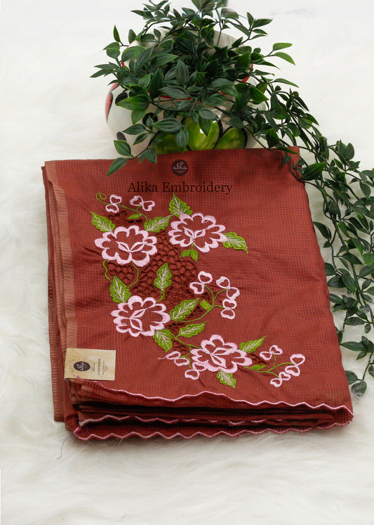 "Elegant Brown Checked Semi Tussur Saree with Twain Cutwork and Floral Embroidery"