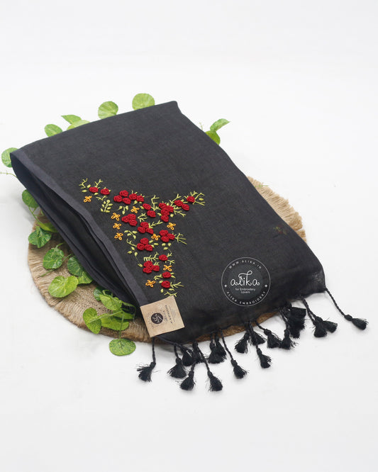 Elegant Black Linen Saree with Striking Red Embroidery