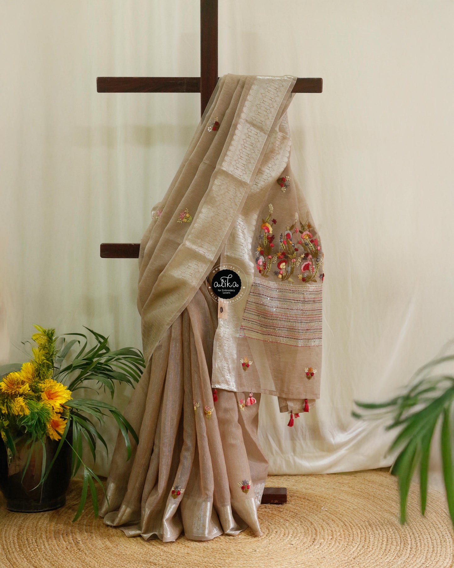 Dark Beige Semi Linen Saree with Floral Hand Embroidery – Elegant Traditional Wear by Alika Fashion Store