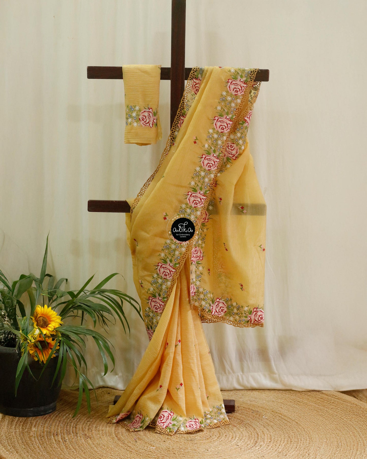 Mustard Yellow Tissue Silk Saree with Elegant Cutwork and Cross Stitch Embroidery