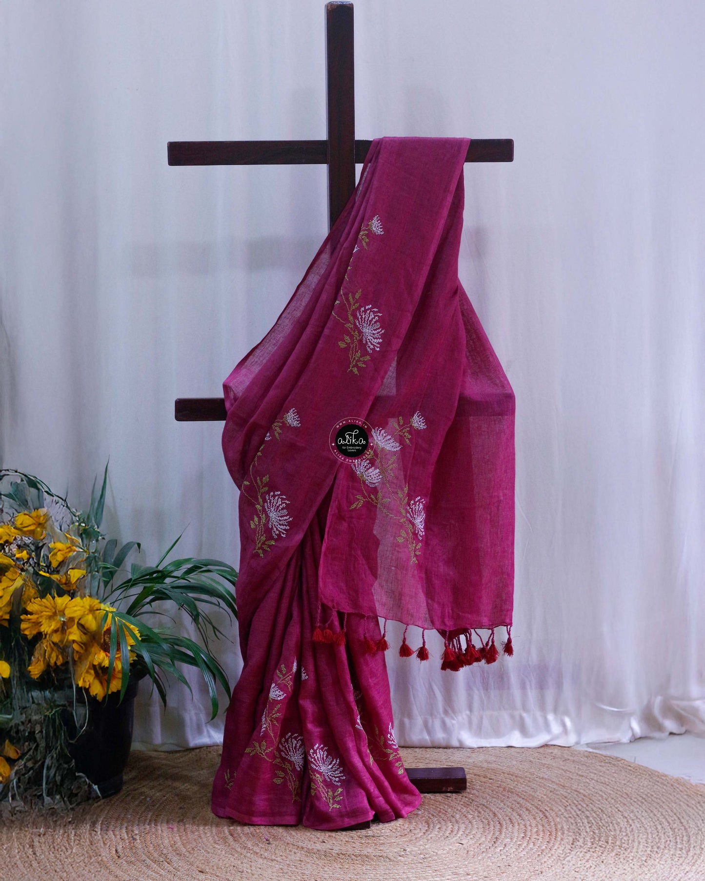 Warm Purple Linen Saree with Cross-Stitch Embroidery