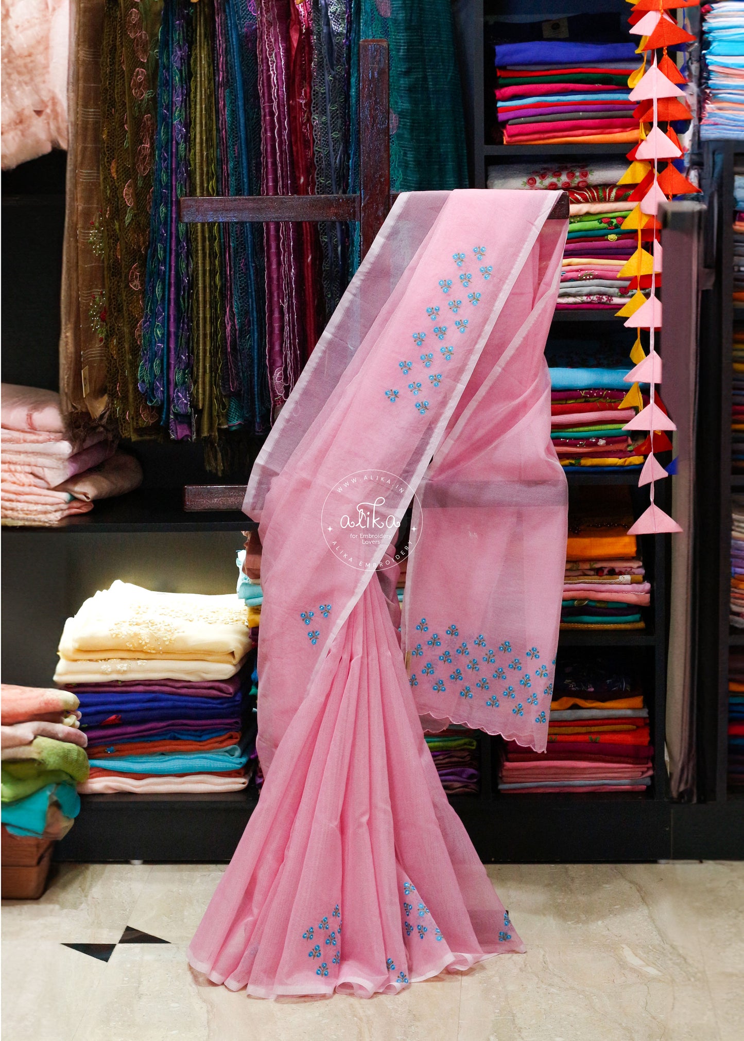 Blush &amp; Bloom: Pink Kota Saree with Delicate Blue Machine Embroidery