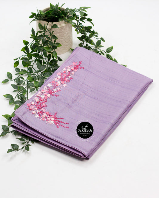 Lilac Semi-Silk Saree with Lazy Daisy Handwork & Bead Detailing – Elegant & Intricate Design