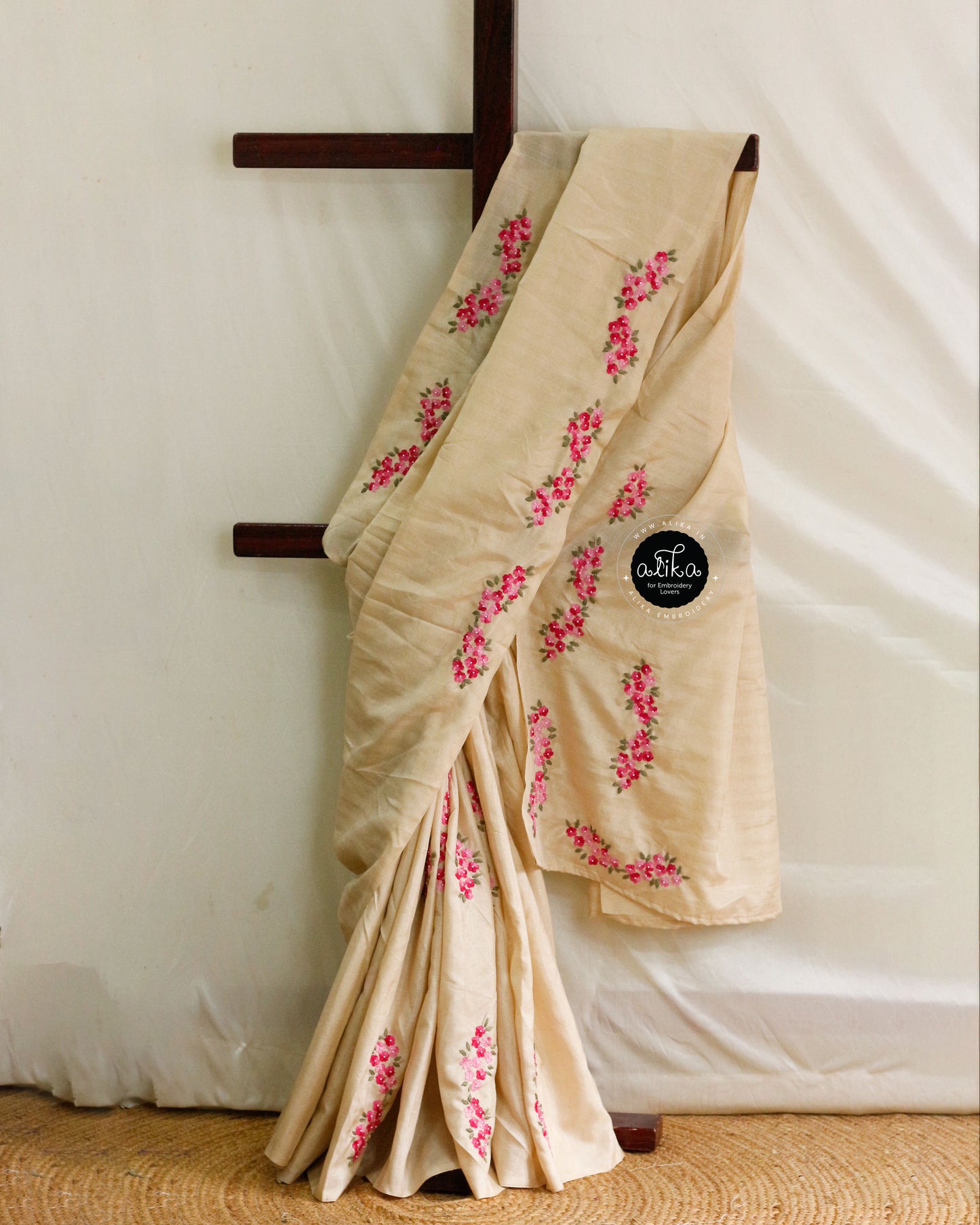 Beige Semi-Silk Saree with Intricate Hand Embroidery – Alika Fashion Store