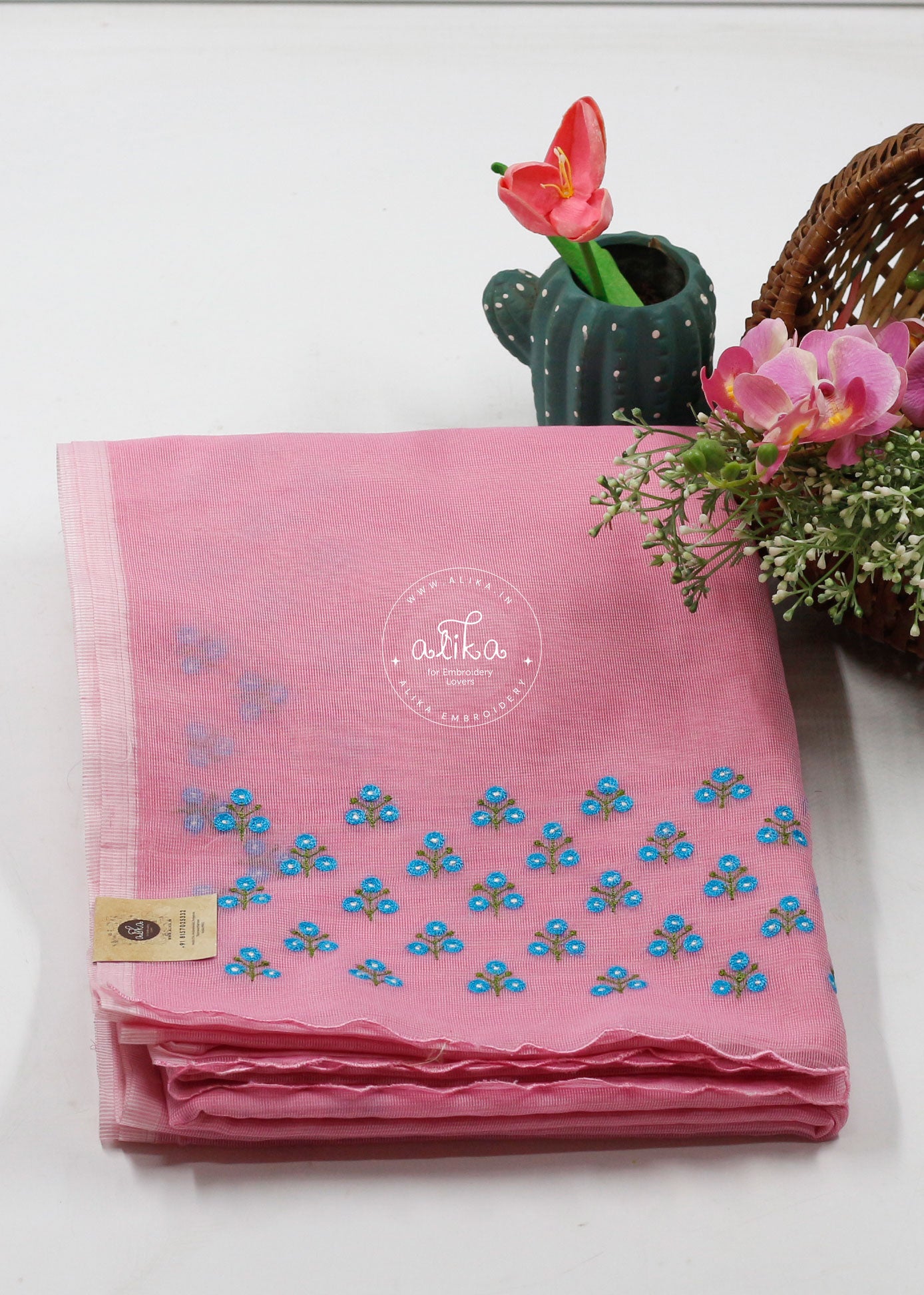 Blush &amp; Bloom: Pink Kota Saree with Delicate Blue Machine Embroidery