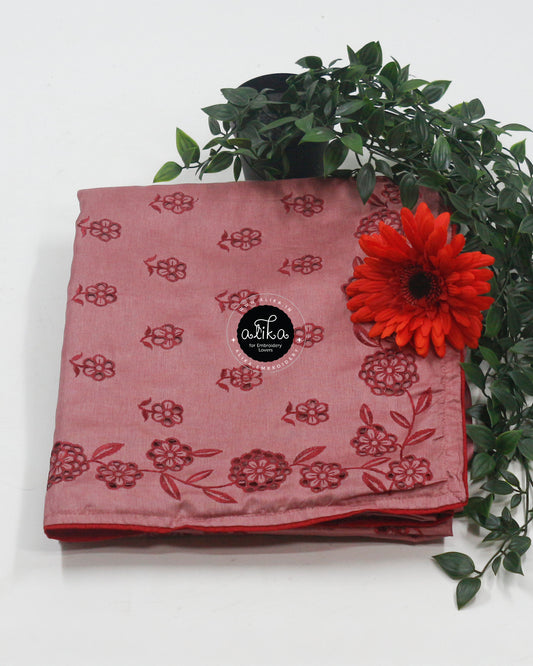 Reddish Rose Semi-Silk Saree with Elegant Floral Cutwork