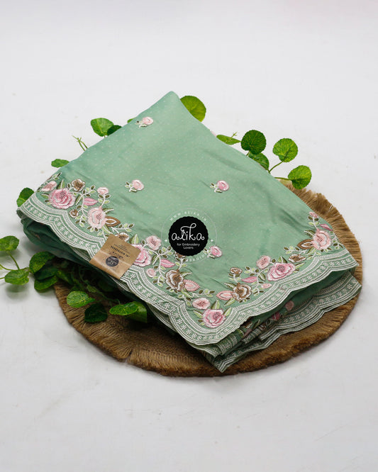 Spanish Green Saree with Machine Embroidery – Elegant Traditional Wear by Alika Fashion Store