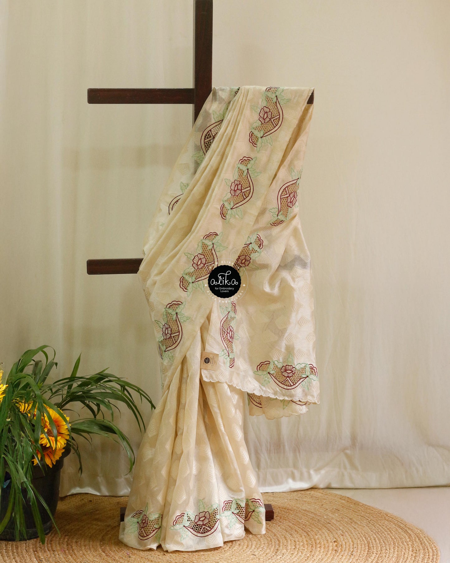 Gold Mixed Cream Shade Chanderi Saree with Maroon Floral &amp; Cutwork Embroidery – Elegant & Rich Design