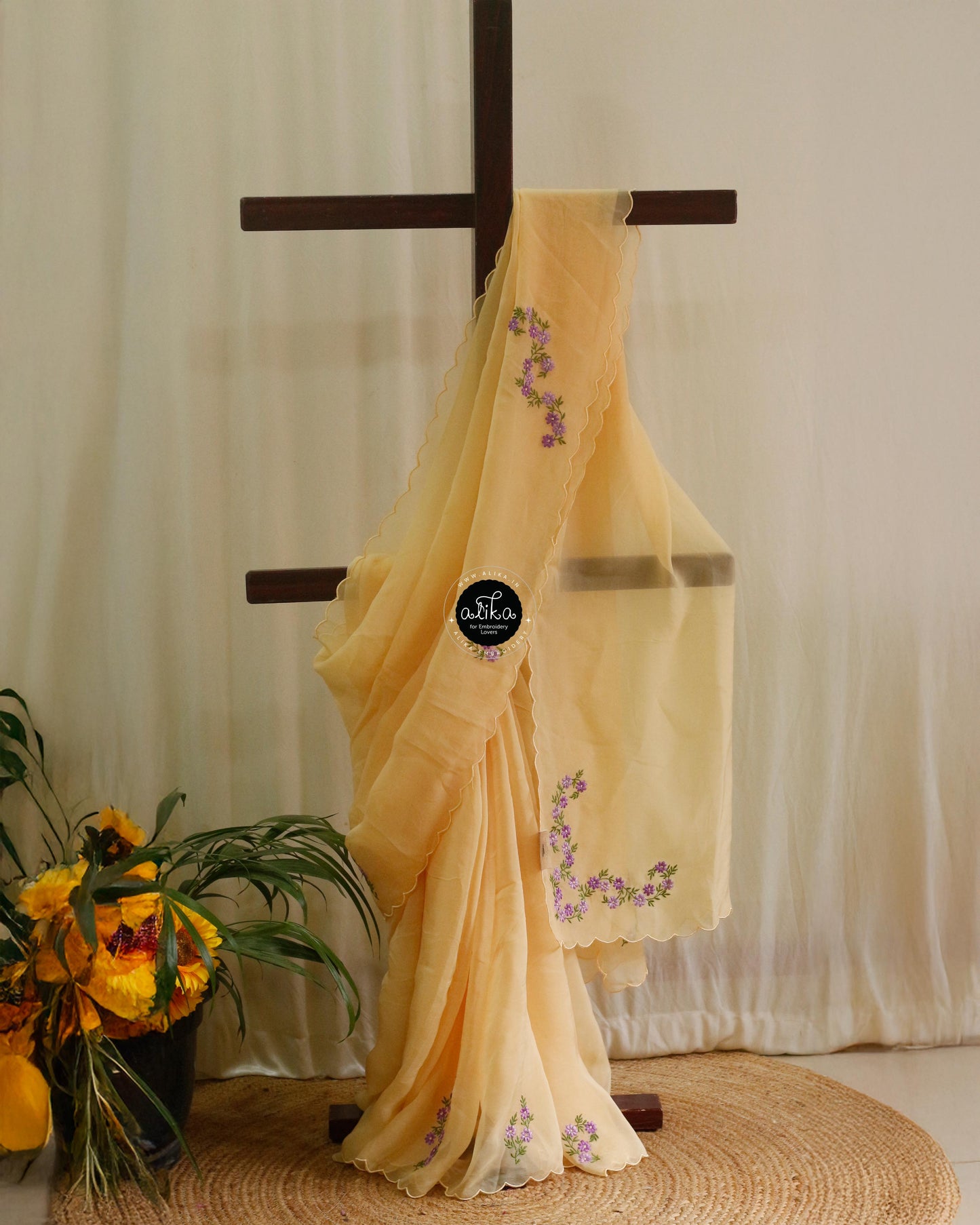 Corn Yellow Organza Saree with Intricate Machine Work – Elegant & Lightweight