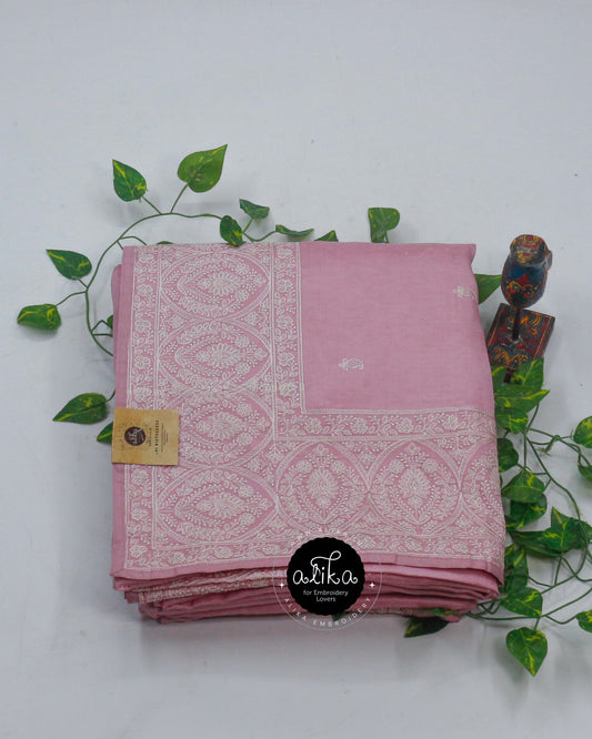 Pink Semi-Silk Saree with Full Border White Machine Work | Elegant & Intricate Design