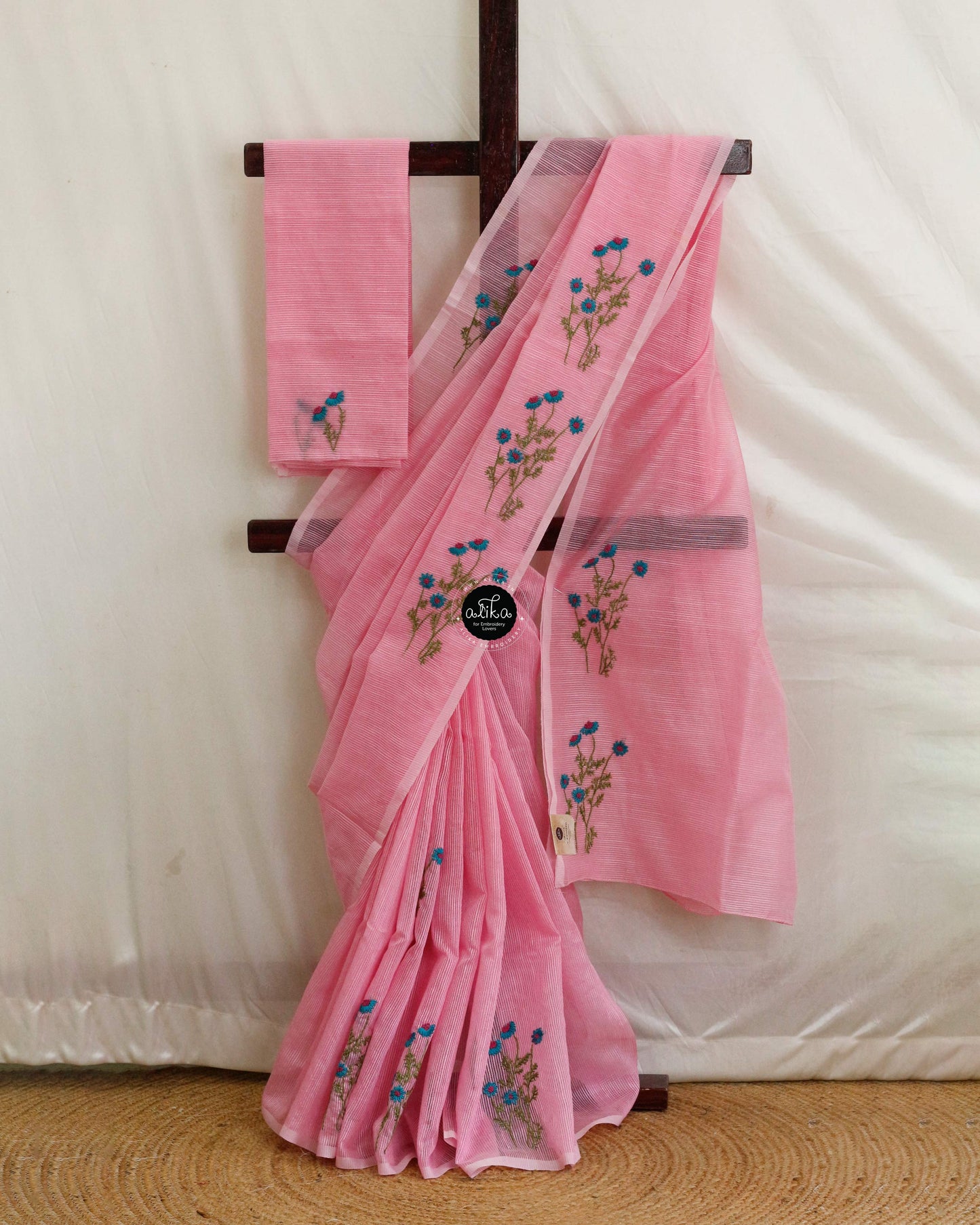 Lavender Rose Striped Kota Saree with Blue Lazy Daisy Hand Embroidery | Timeless Elegance