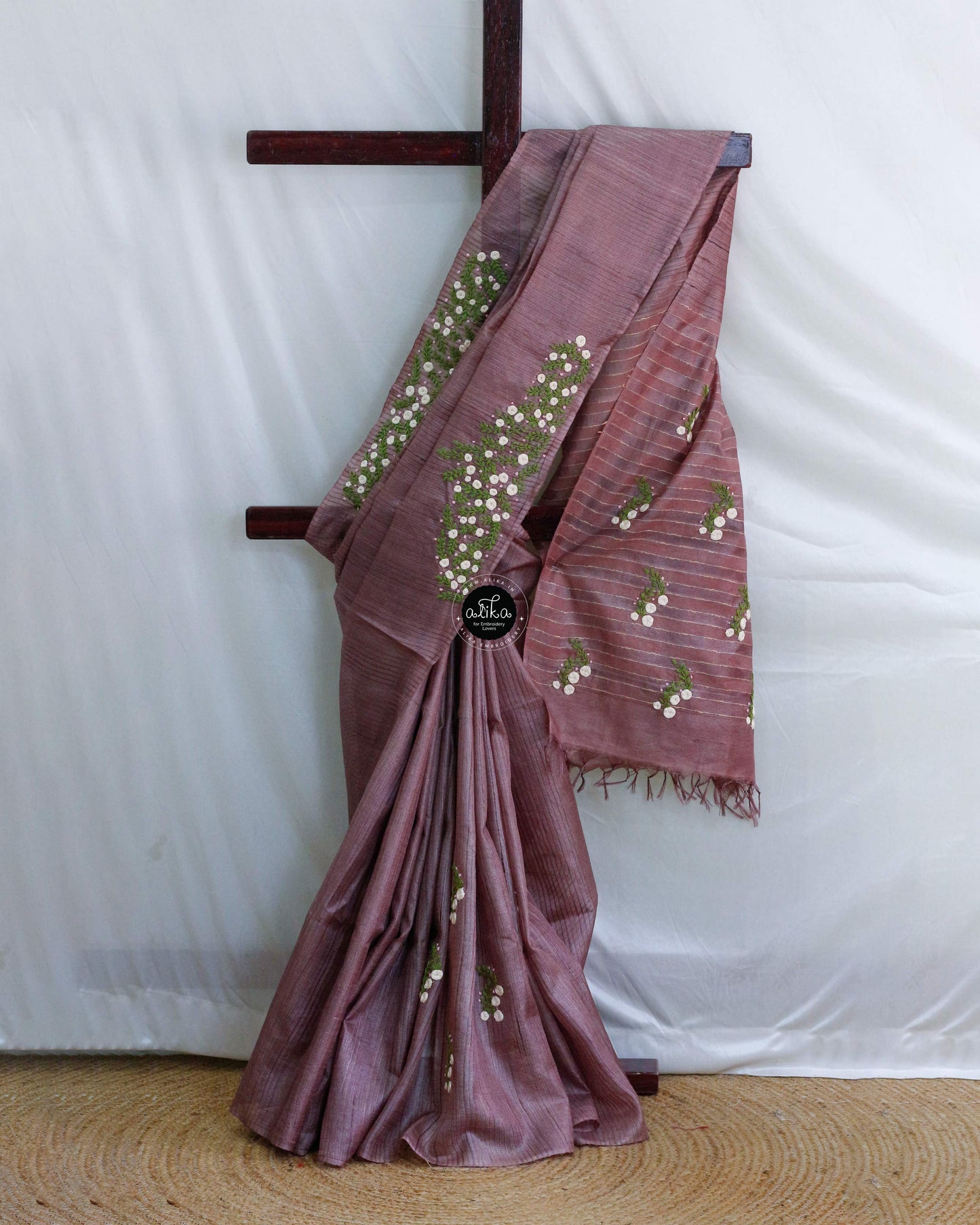 Purplish Brown Tussar Silk Saree with Cream Floral Hand Embroidery | Timeless Elegance