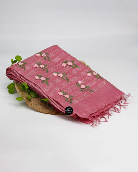 Mulberry Pink Tussar Silk Saree with Exquisite Floral Hand Embroidery | Timeless Elegance