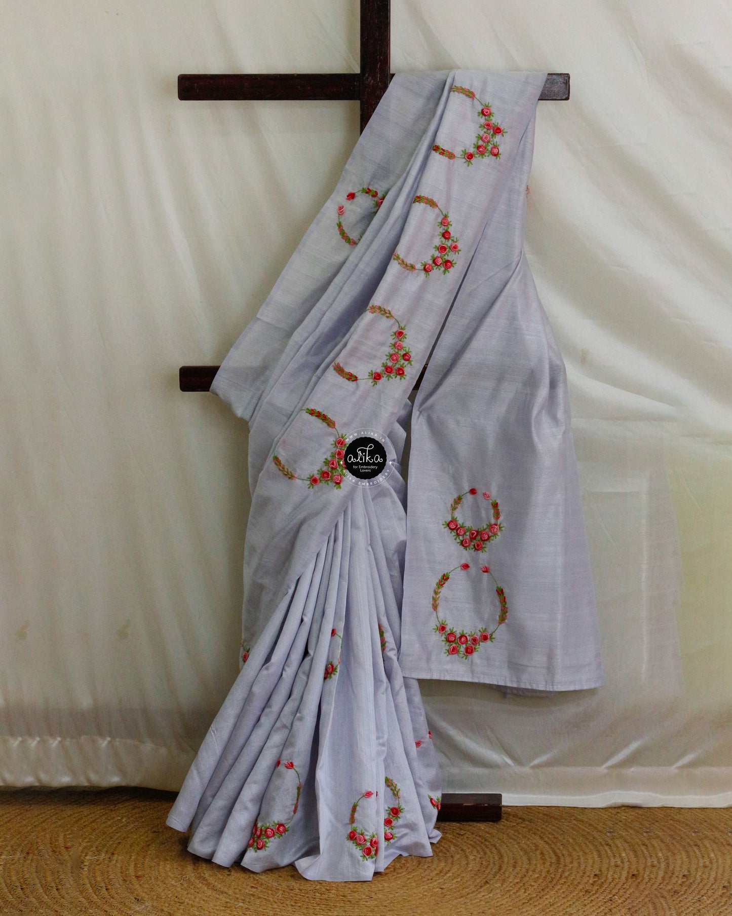 Silver Blue Semi Silk Saree with Multi-Color Hand Embroidery | Exquisite Artisan Craft