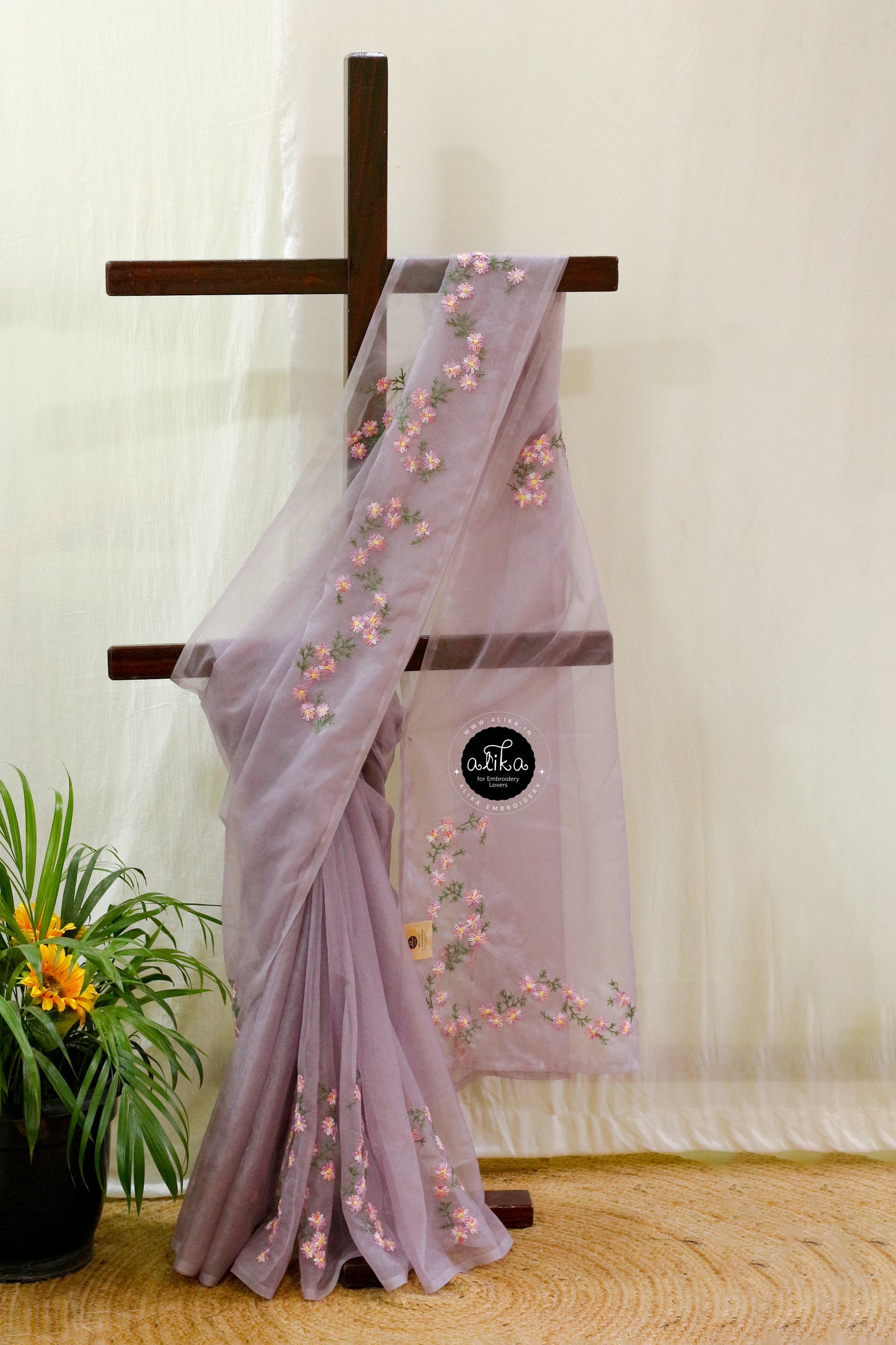 Lilac Color Organza Saree with Lazy Daisy Work – Elegant & Floral Embroidery