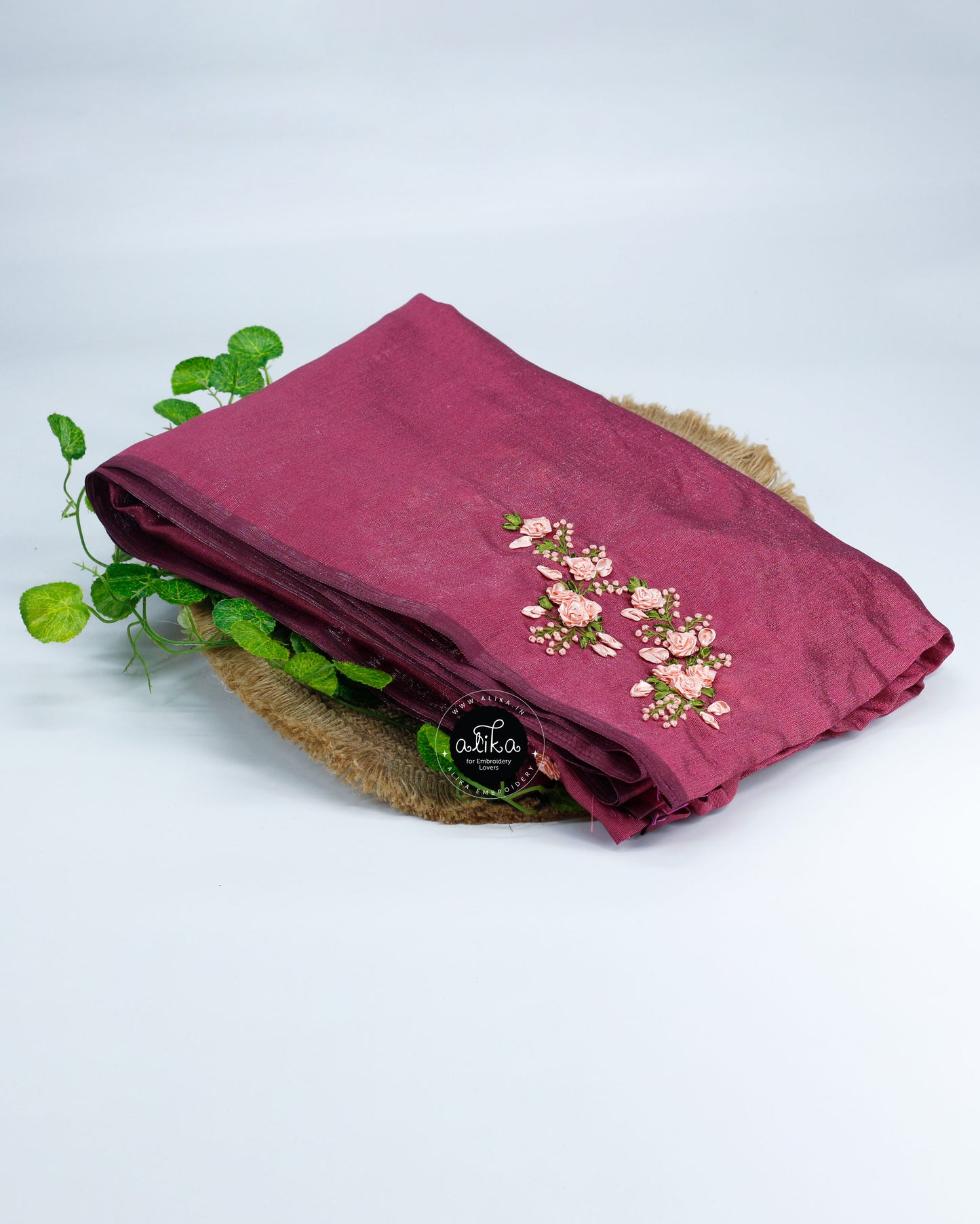 Raspberry Rose Soft Silk Saree with Peach Ribbon Embroidery | Elegant Ethnic Drape