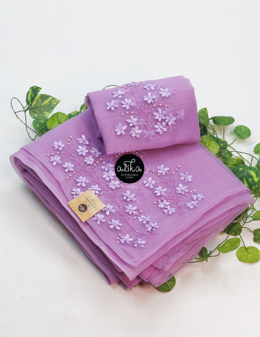 lAVENDER Kota Saree with Self-Shade Ribbon Work Embroidery - Elegance Redefined"