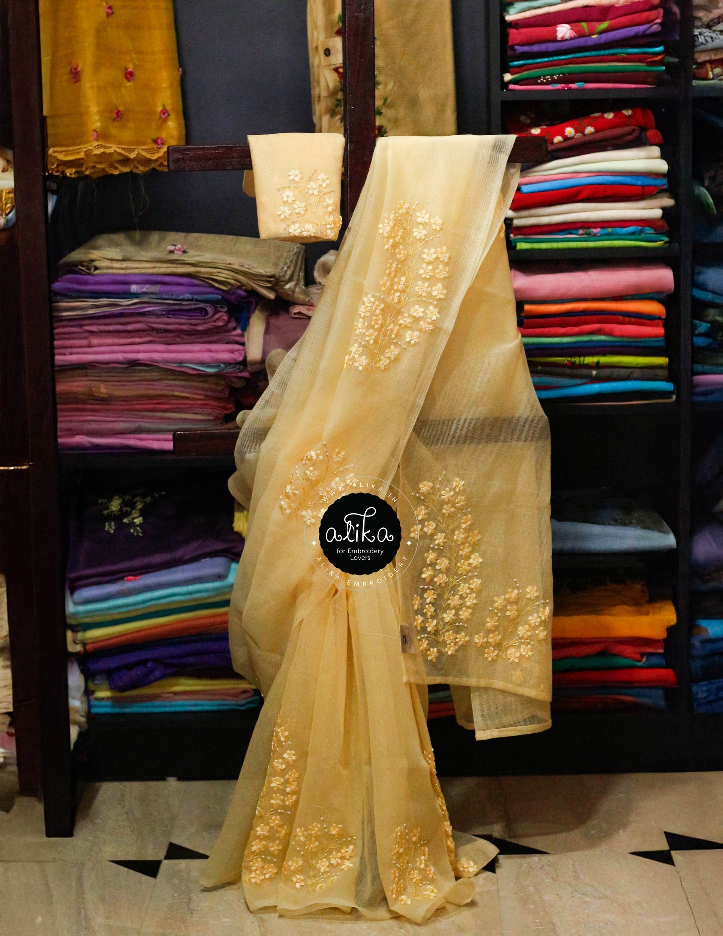 Yellow Kota Saree with Self-Shade Ribbon Work Embroidery - Elegance Redefined"