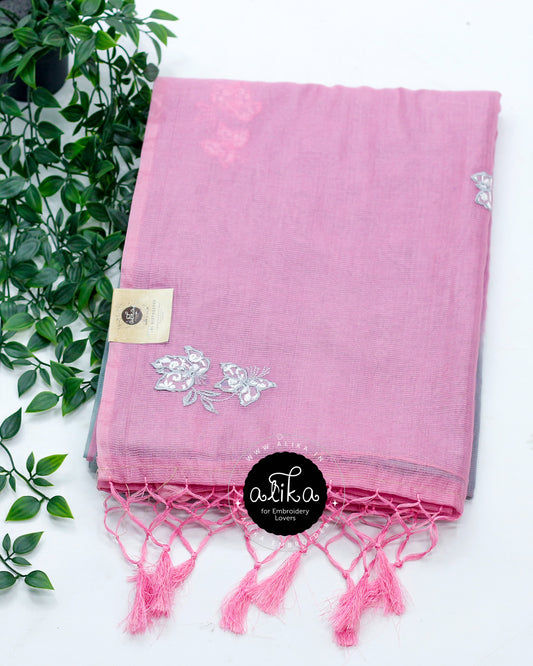 Charming Pink and Blue Silky Kota Saree with Intricate Applique Work