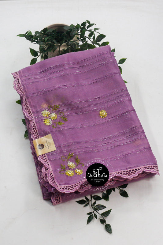 Elegant Lavender Organza Saree with Lazy Daizy Handwork & Cutwork Border