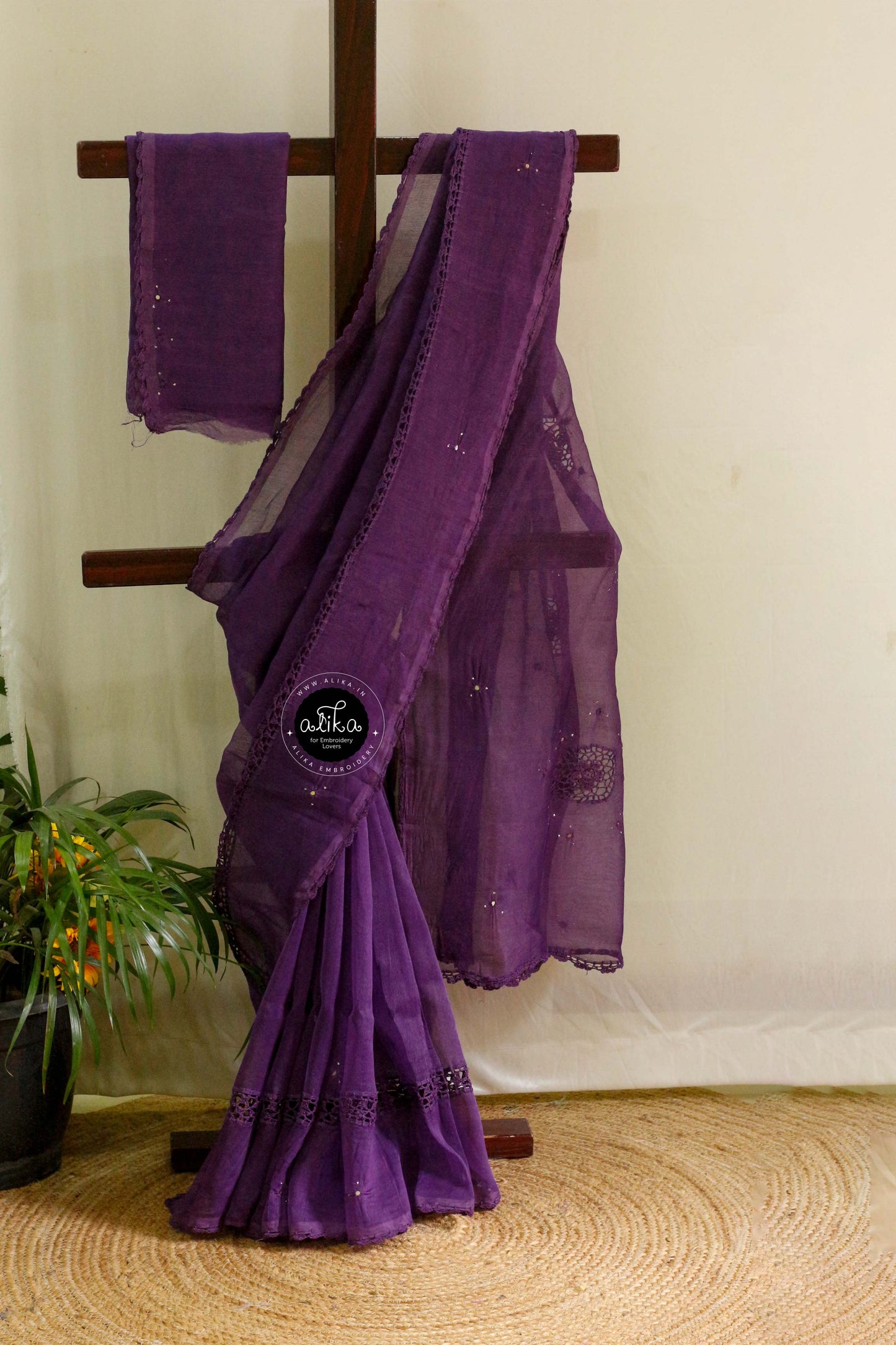 Violet Kota Doria Saree with Exquisite Crochet and Mirror Work