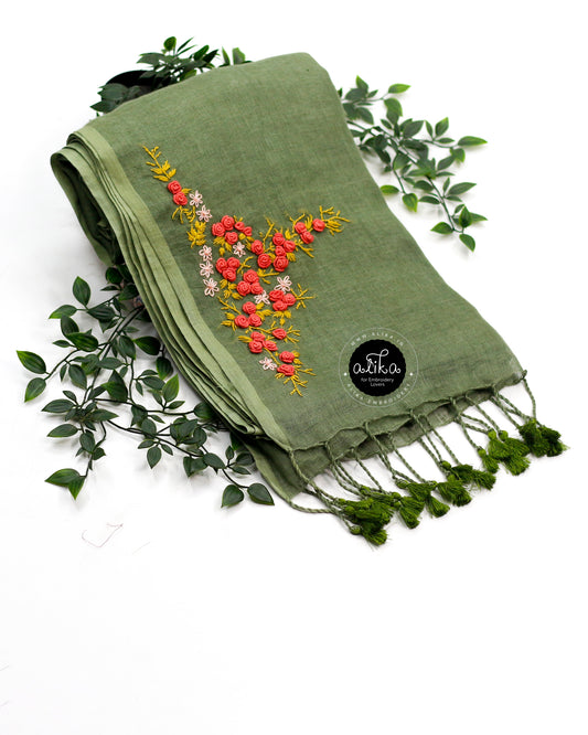 Elegant Olive Green Linen Saree with Bullion Hand Work