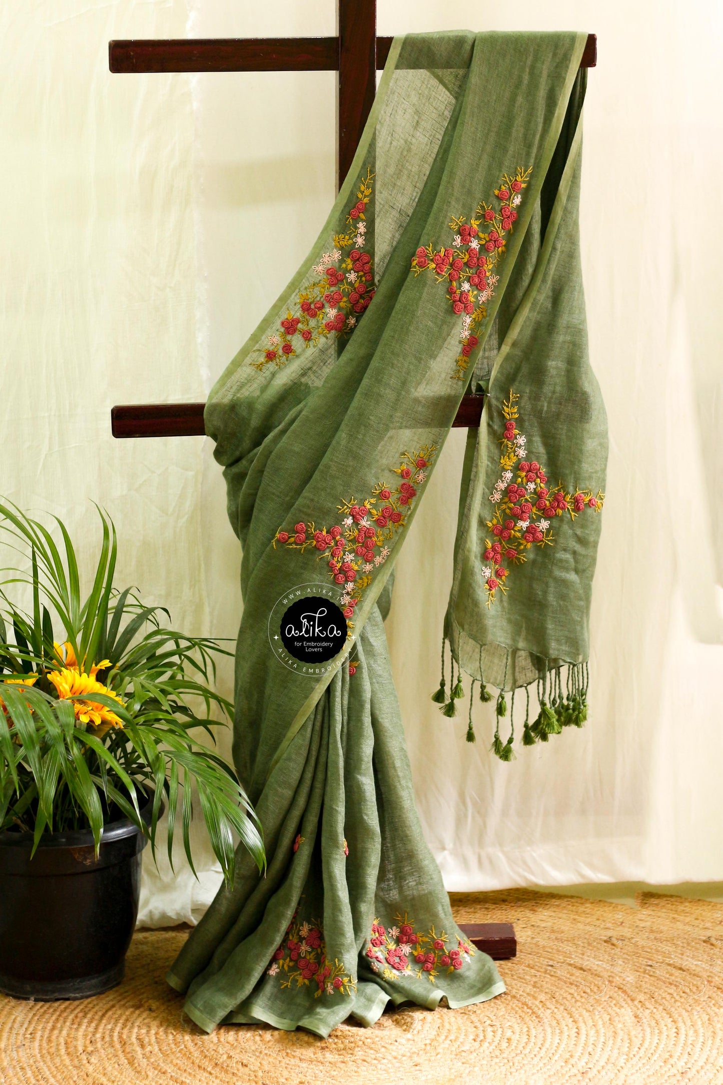 Elegant Olive Green Linen Saree with Bullion Hand Work